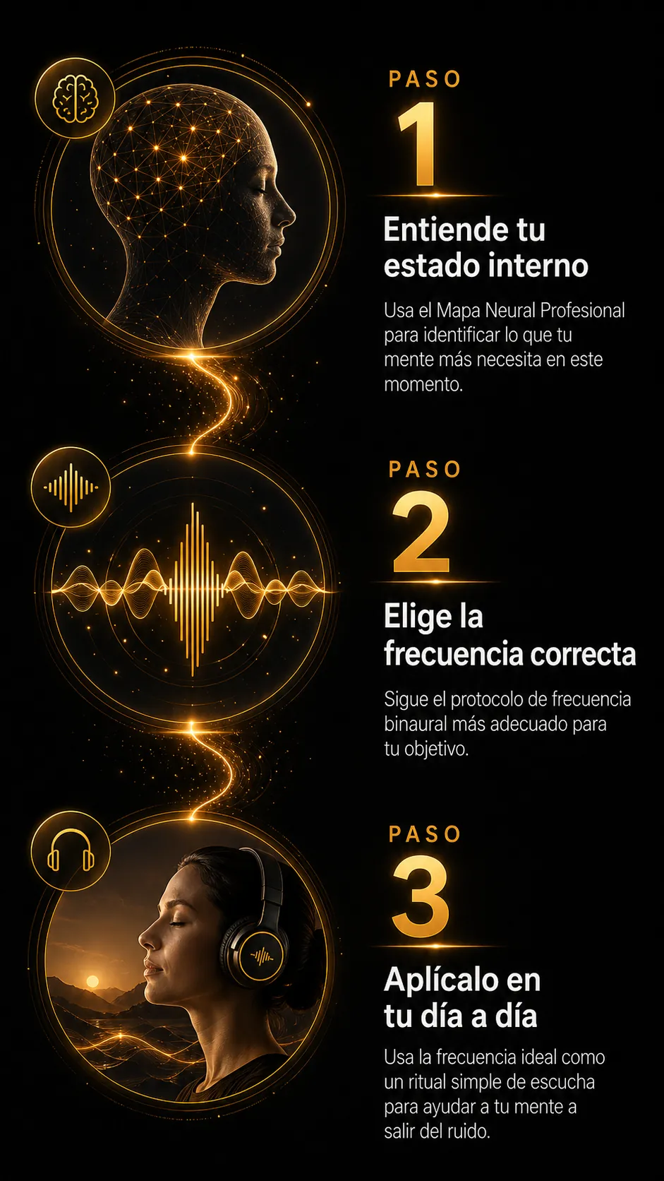 Infográfico vertical mostrando los 3 pasos para sintonizar tu paz interior: entender tu estado interno, elegir la frecuencia correcta y aplicarla en el día a día