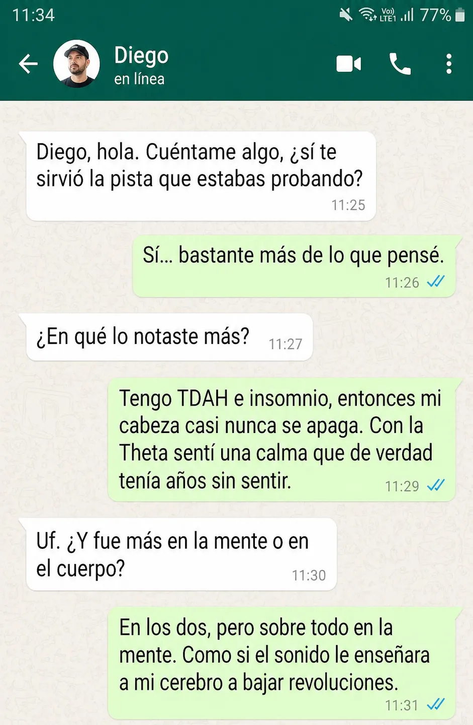 Captura de WhatsApp con relato de Paula sobre ansiedad y sensación de paz